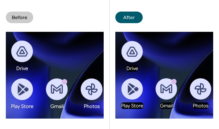 Icons on the Android Home screen before and after High-contrast text is enabled